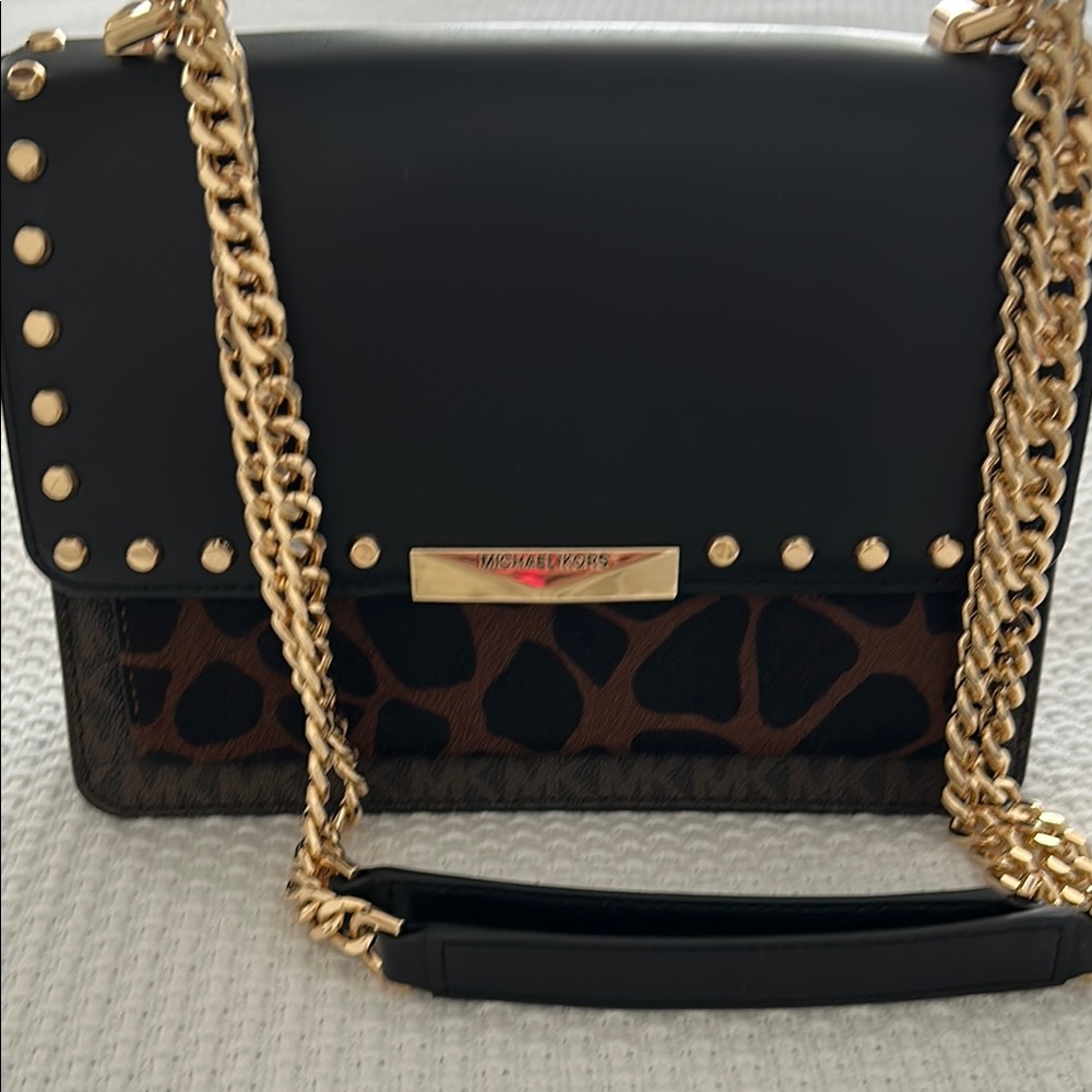 Michael Kors Black and Brown Shoulder Bags with Gold Chain Straps
